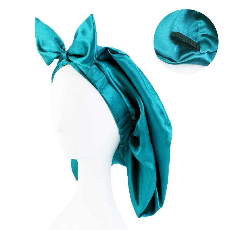 Kawaii Cat Ears Sleeping Cap For Women Silky Satin Bowknot Bonnet Solid Long Hair Night Cap Beauty Hair Care Bonnets Shower Cap 3