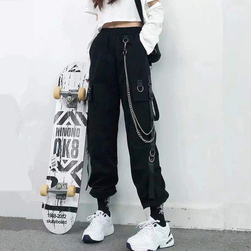 Women Harajuku Elastics High Waist Cargo Pants Dark Academia Fashion Pockets Punk Jogger Trousers with Chain Streetwear Goth Y2k