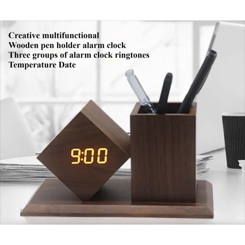 Creative Wood Clock LED Smart Alarm Clock Home Office Desktop Pen Holder Wood Smart Electronic