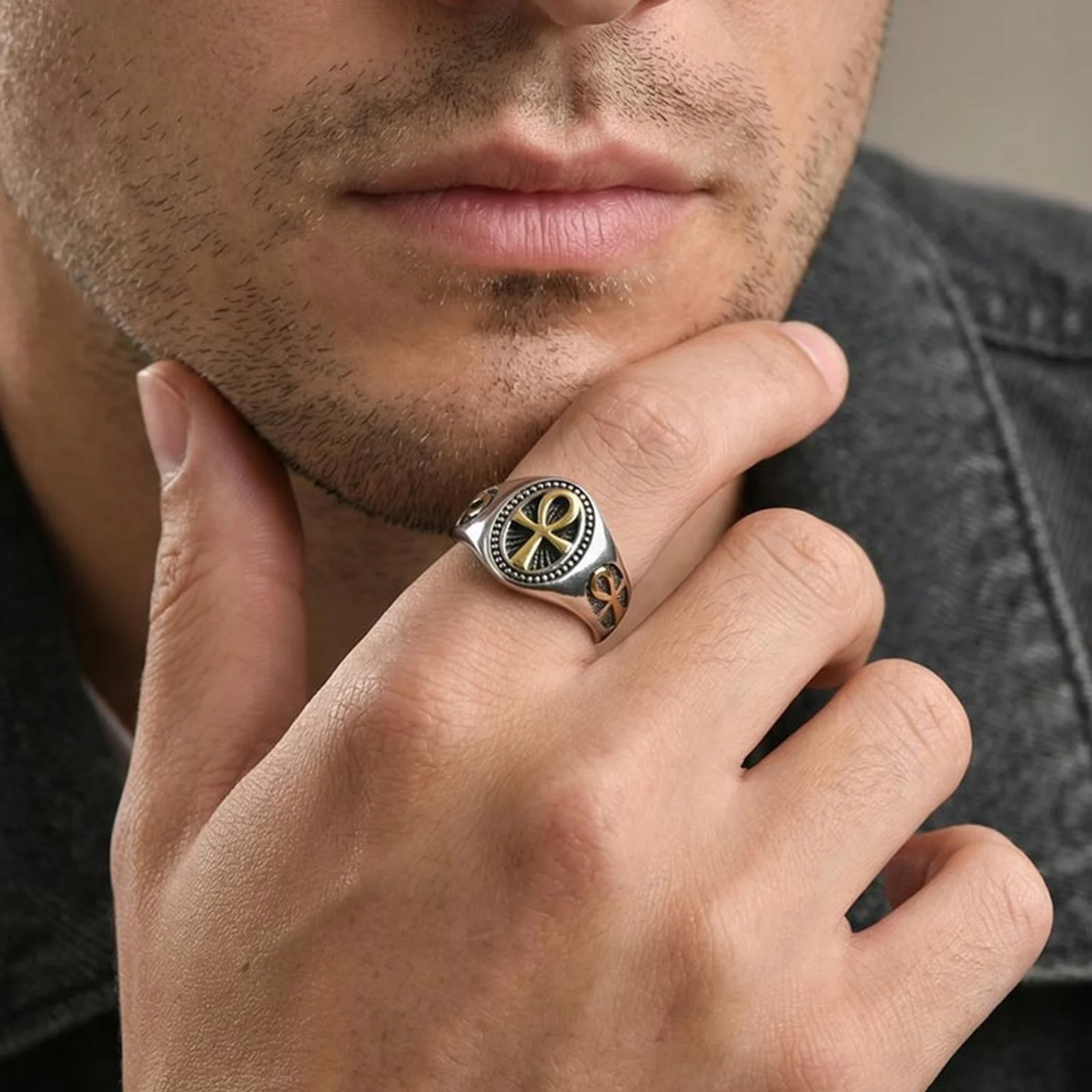 Punk Ankh Kreuz Ringe für Männer, Vintage Edelstahl Siegelring Statement-Ring, Religiöser Amulett-Schmuck Geschenk