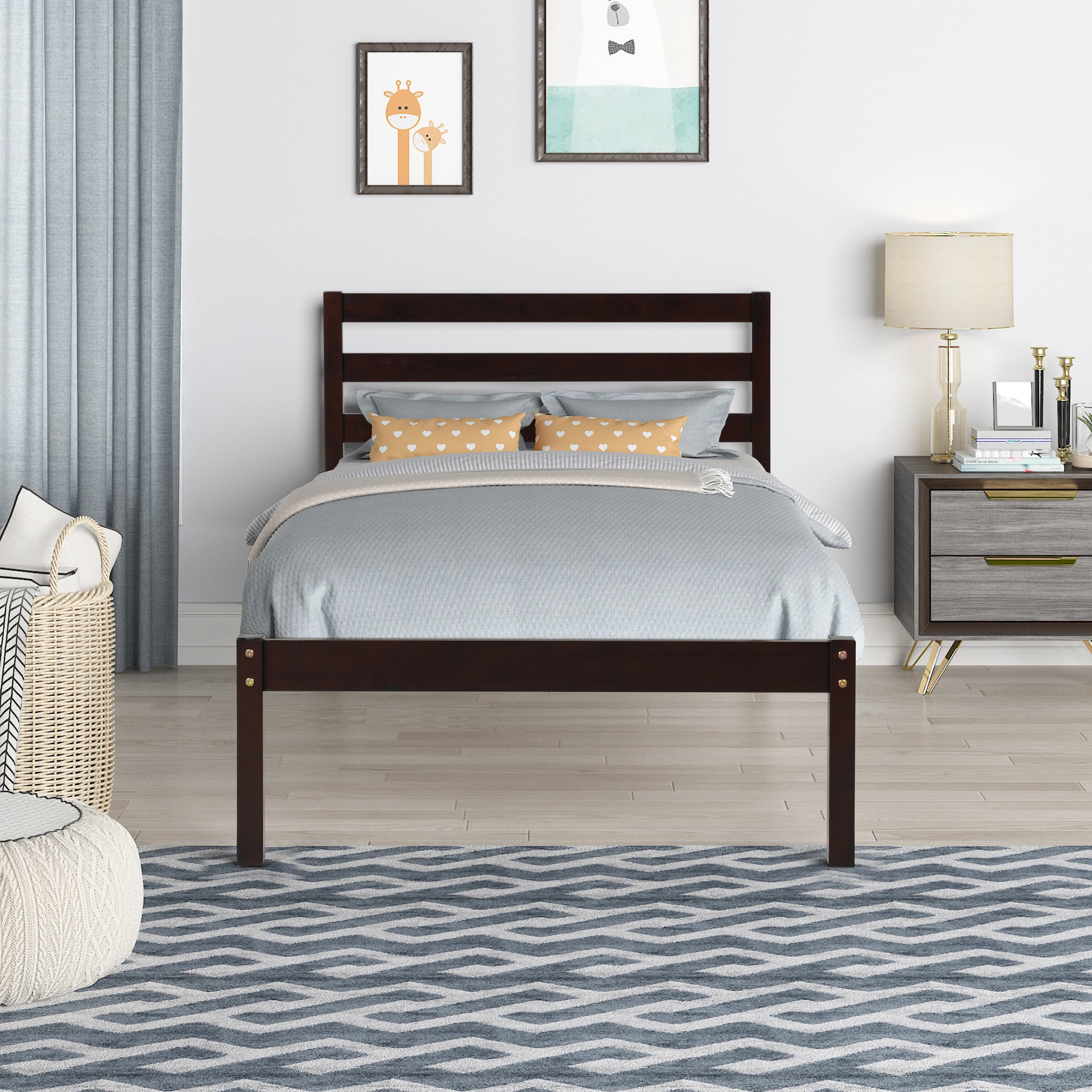 

Twin Size Wood Platform Bed Frame with Headboard Bedroom Furniture