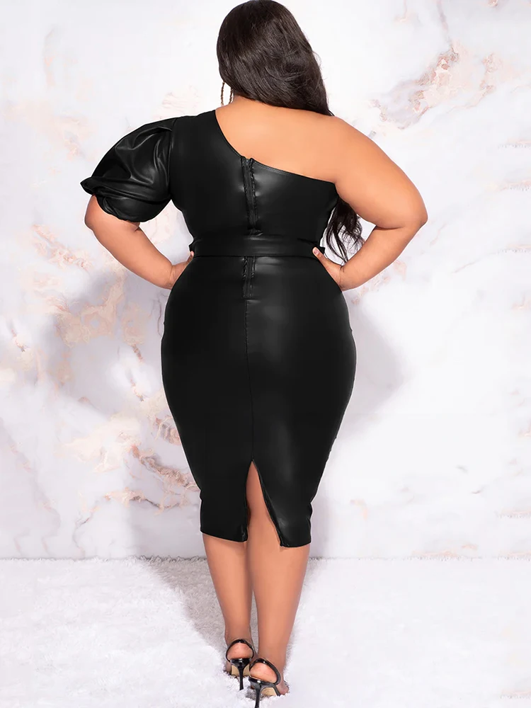 bbw bodycon dress Plus Size Women One Sleeve Matte Leather Stretch PU Strapless Bodycon Dress