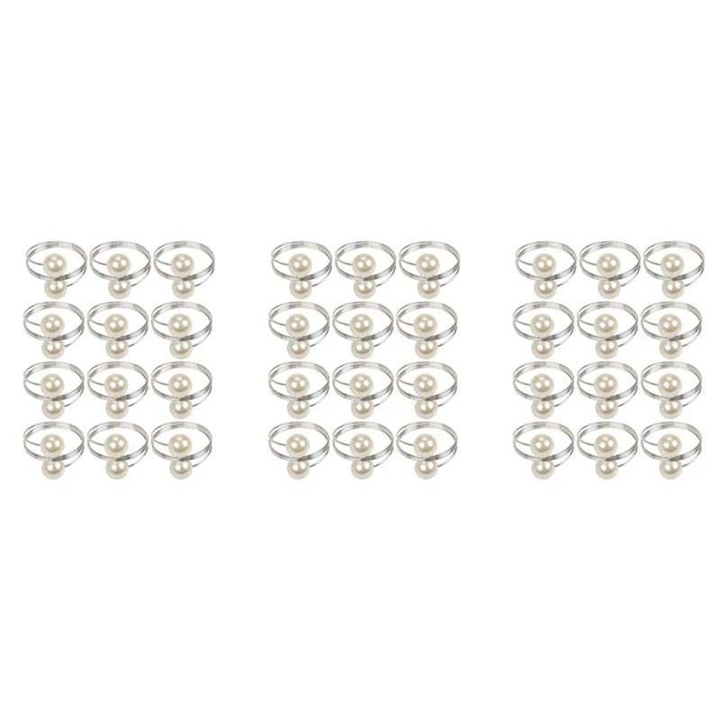 

36 Pcs Pearl Napkin Buckle Hoop Napkin Rings Circle Serviette Holder For Wedding Hotel Supplies Table Decoration,Silver