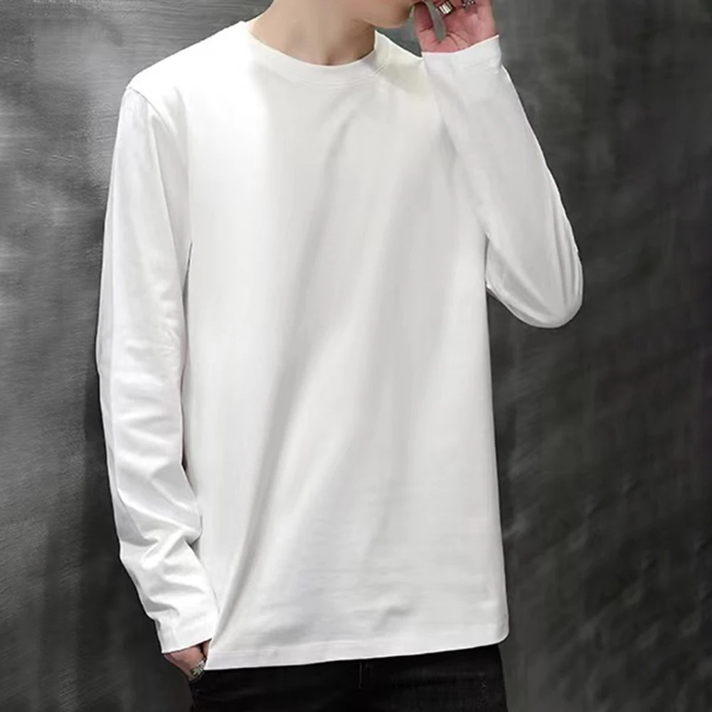 

Mens Spring Autumn Korean Cotton Long-Sleeved Loose T-Shirt Round-Collar Solid-Color Tees Tops Pullovers Men's Bottomed Shirt