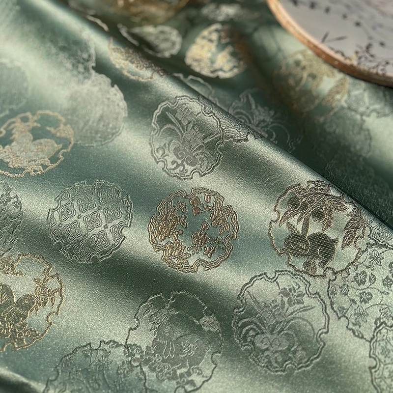 

Fabric Width 150cmx50cm Ruyi Rabbit Bean Green Brocade Snow Wheel Pattern Vintage Jacquard Satin Retro DIY Vest Dress Clothing