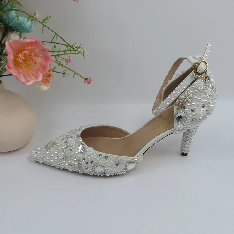Ankle Strap Womens Silver Wedding Shoes White Pearl Wedding Shoes