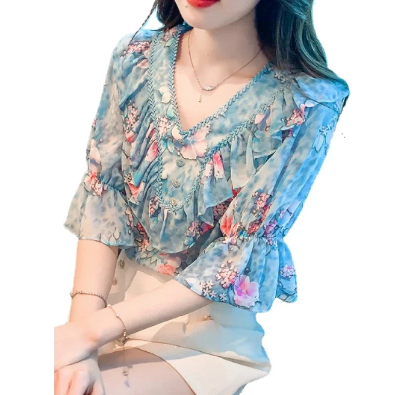 

Floral Chiffon Blouses for Women Summer Half Sleeve 2024 New French Style V-neck Shirt Loose Belly-Covering Blusas Tops