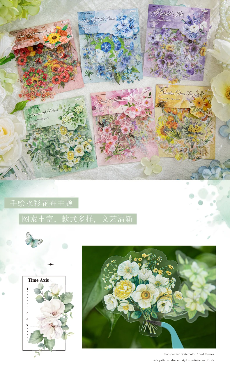 40 Pcs Fresh Flower PET Sticker Pack Aesthetic Hand Accounting Transparent Decoration Scrapbooking Stationery Supplies for Kids