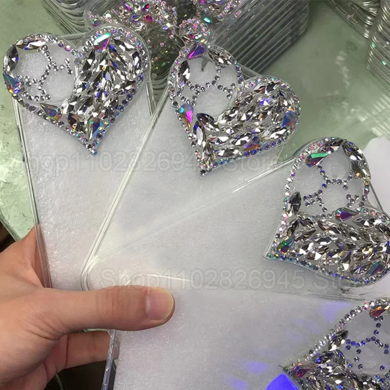 Phone Case Love Heart Rhinestone for iPhone 16 15 14 13 12 11 Pro Xs Max XR 8Plus SE2/SE3