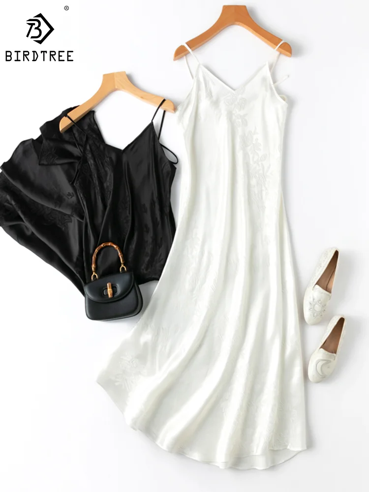 

Birdtree Woman Long Dress 28mm 50%Real Silk Spaghetti Strap V Neck Casual Dresses 2023 Spring Summer Clothes White D36931QM