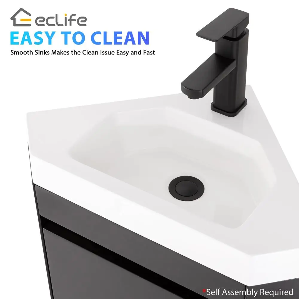 Corner Bathroom Vanity Sink Combo Wall Mounted with White Resin Sink Matte Black Faucet Space Saving Floating Design Durable MDF 6