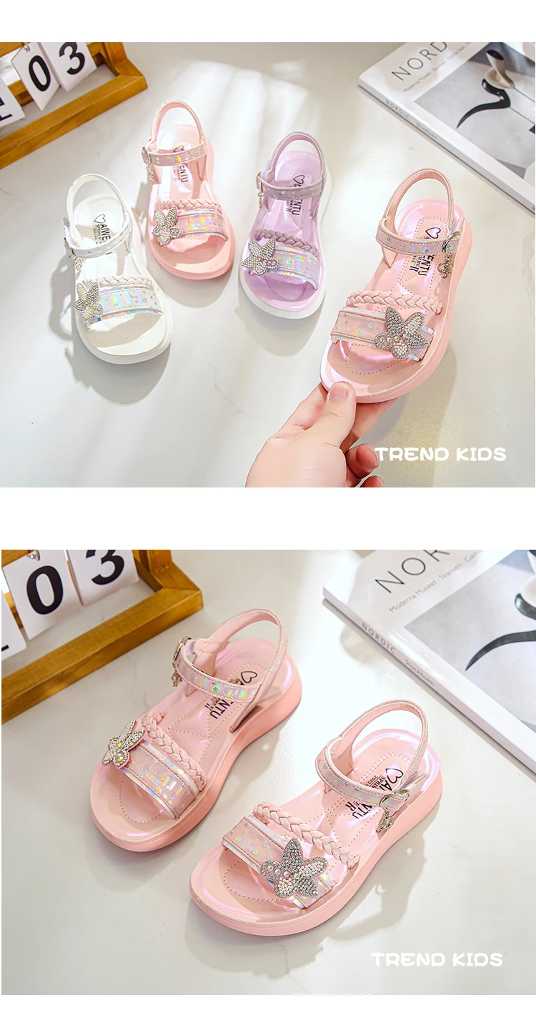 Girls Sandals 2022 Summer New Sweet Princess Kids Fashion Princess Solid Children Soft PU Rhinestones Flower Shine Party Shoes girls leather shoes