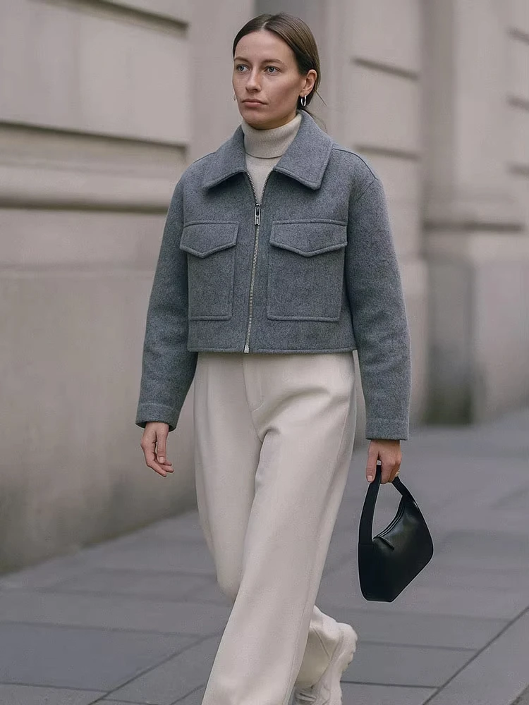 HH Women Casual Coat With Pockets Grey Front Zipper Jackets Vintage Lapel Neck Long Sleeve Female Chic Maternity Outfits