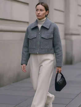 معطف نسائي غير رسمي من HH مع جيوب باللون الرمادي وسحاب أمامي وسترات عتيقة برقبة على شكل طية صدر وأكمام طويلة ملابس نسائية أنيقة للأمهات