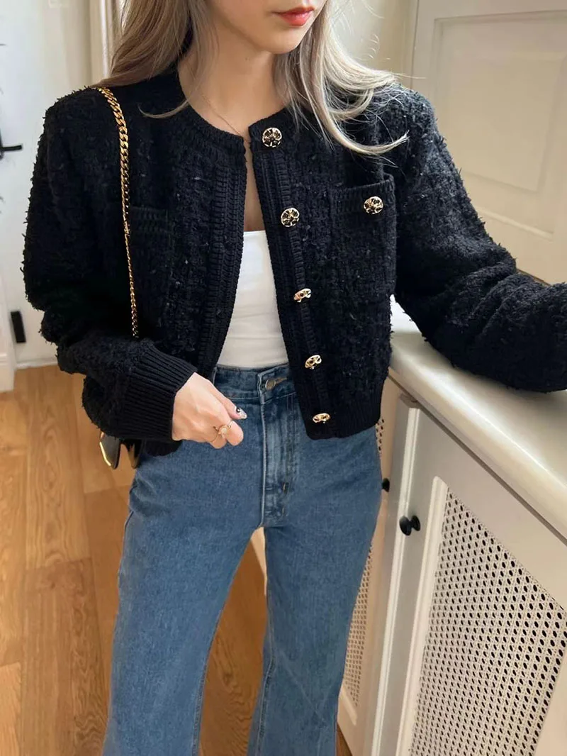 Zoki Sweet Women Vintage Cardigan Sweaters American Casual Long Sleeve O Neck Tops Fall Retro Female Single Breasted Cardigan