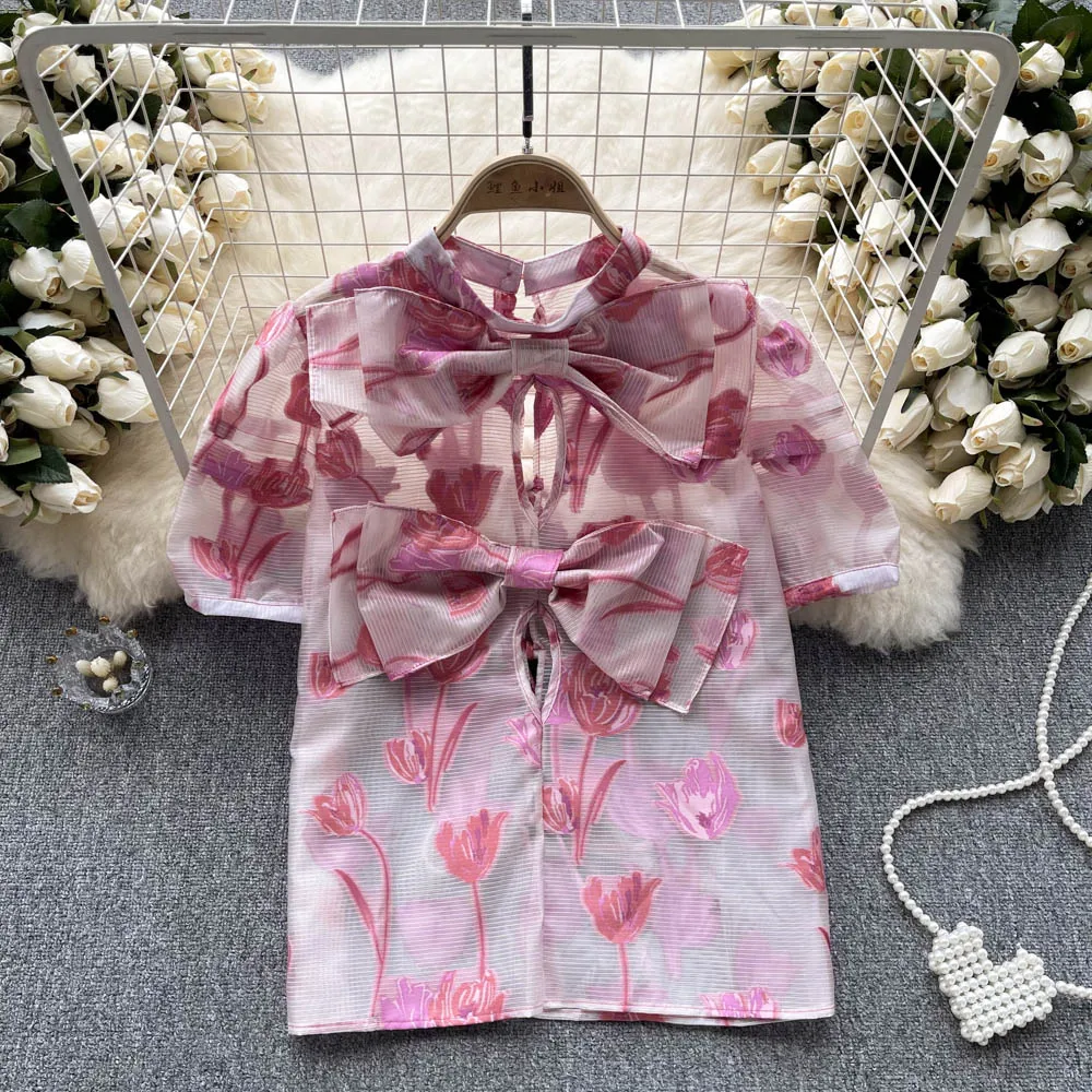 

2023 Summer New Vintage Style Jacquard Hollow out 3D Bow Knot Bubble Short Sleeve Lace up Perspective Shirt Trend