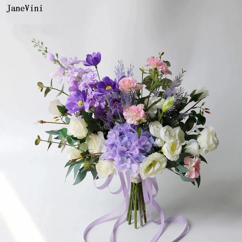 

JaneVini 2024 Romantic Purple Ivory Flowers Bridal Hand Bouquets Artificial Silk Roses Hydrangea Boho Wedding Bouquet for Bride