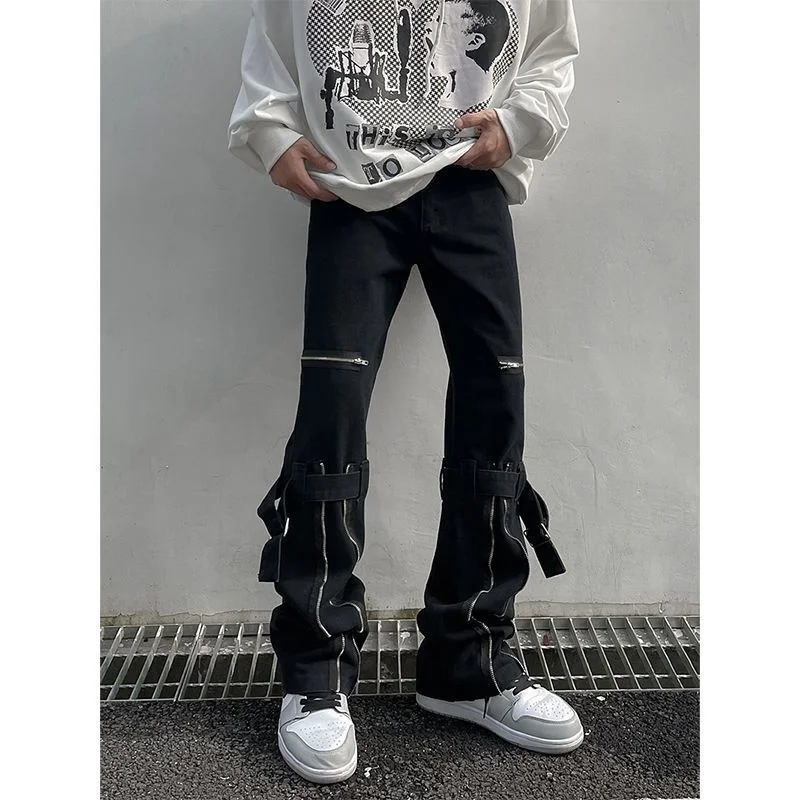 

High street men black jeans American street zipper design straight tube micro flared work clothes couple pants streetwear men