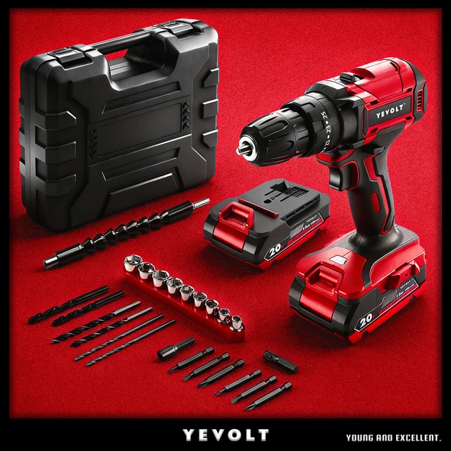 YEVOLT 20V accuboormachine 2-snelheden elektrische boormachine met LED-licht 1500/2000mAh impact/standaardversie voor thuis doe-het-zelf houtbewerking