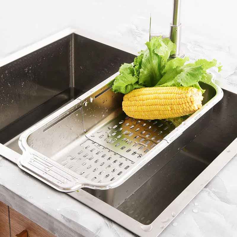 

Retractable Sink Drain Basket 304 Stainless Steel Food Fruits Vegetables Rectangular Drain Basin Kitchen Sink Drain Rack