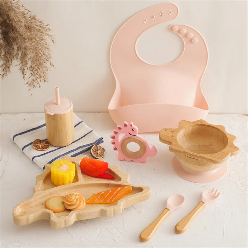Baby Wooden Tableware Feeding Set Bamboo Dinosaur Plate Bowl Silicone Wooden Handle Frok Spoon Baby Dinnerware Feeding Supplies 2