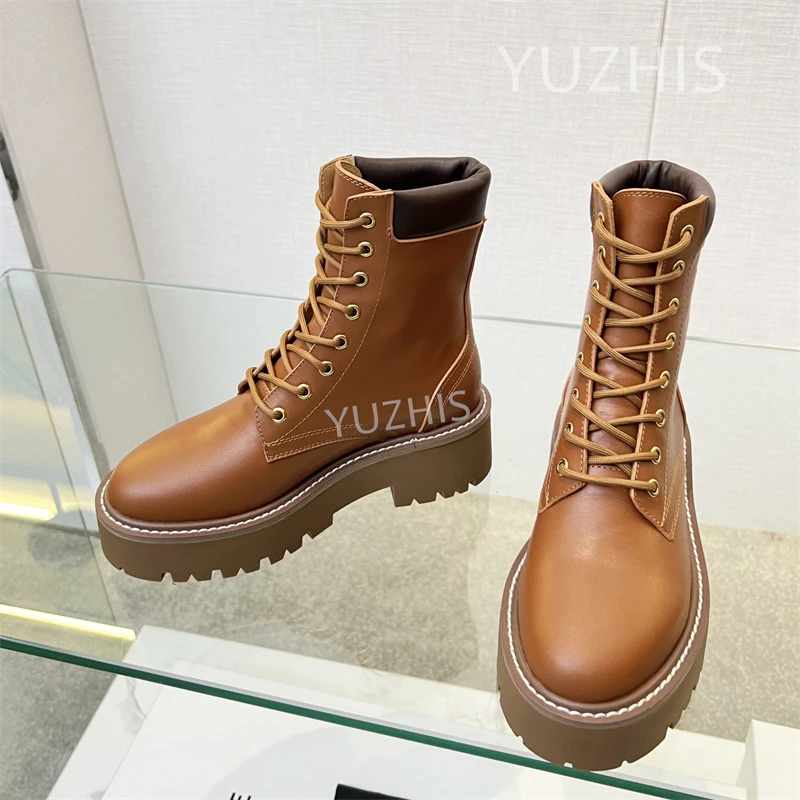 

Luxury Brand Trend Fall Winter Platform Women Boots Natural Leather Cross Tied Ankle Boots Casual Comfortable Combat Boots