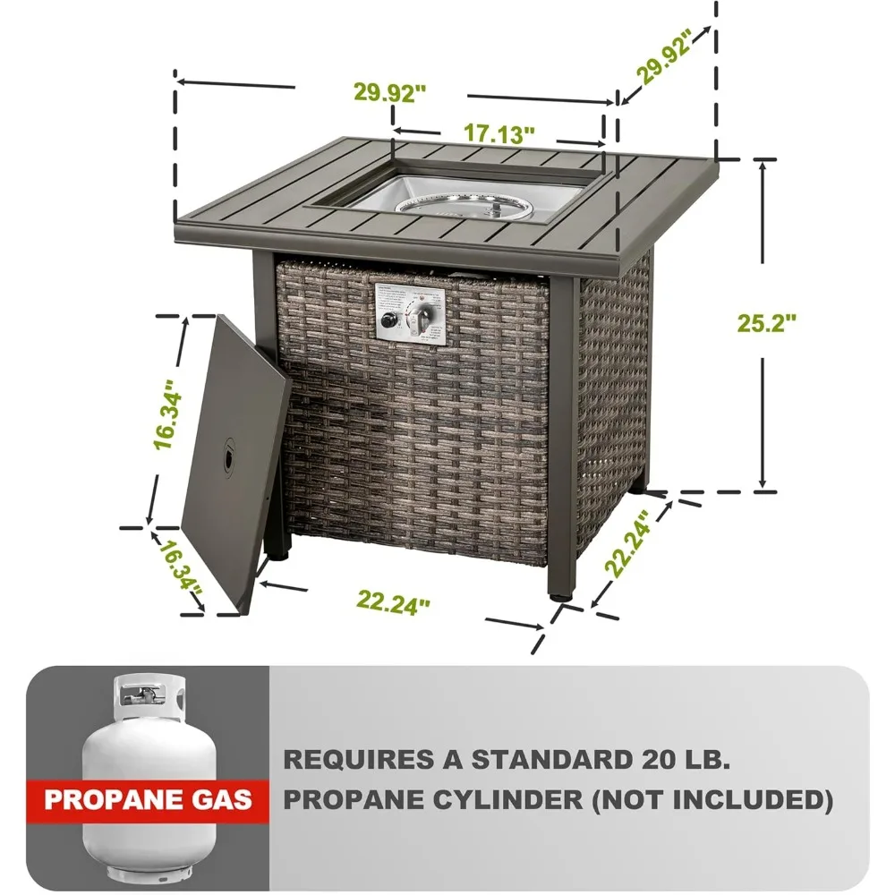 Fire Pit Table Propane Gas 50,000 BTU Garden Outdoor 30", Square Gas Fire Pit Table, Aluminum Tabletop and Hand-Woven Wicker