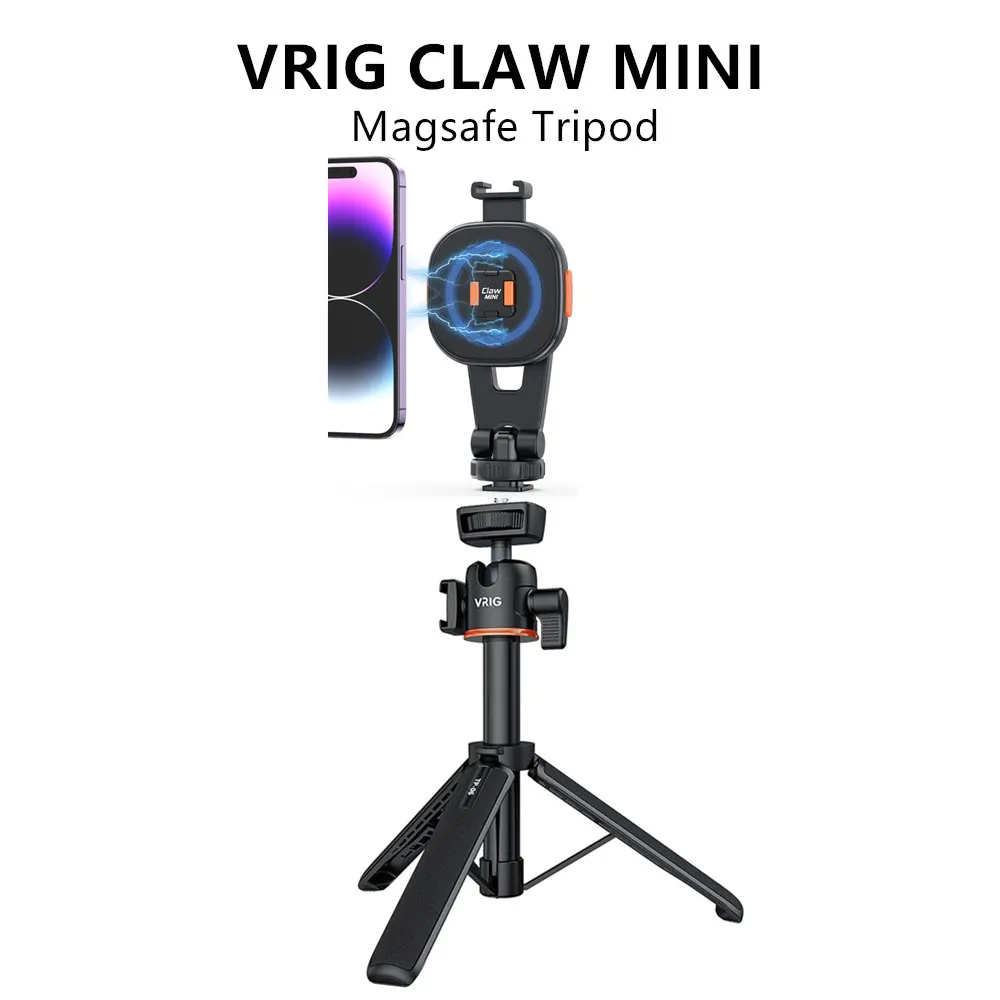 VRIG 클로 미니 확장 마그네틱 삼각대, 1/4 인치 콜드 슈 마그네틱 삼각대 마운트, 휴대폰 거치대, 아이폰 15, 14, 13, 12, 안드로이드, 맥세이프용