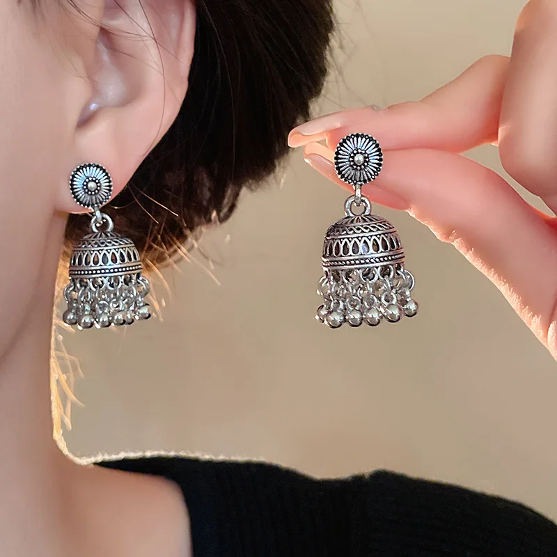 3.7 Women Carved Tassel Bells Drop Gypsy Indian Jhumka Ethnic Earrings Jewelry - Foto 6
