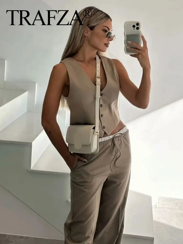 TRAFZA 2024 Women's Solid Trousers Sets V Neck Commute Vest Top + Elastic Waist Drawstring Causal Female Wide Leg Pant Street