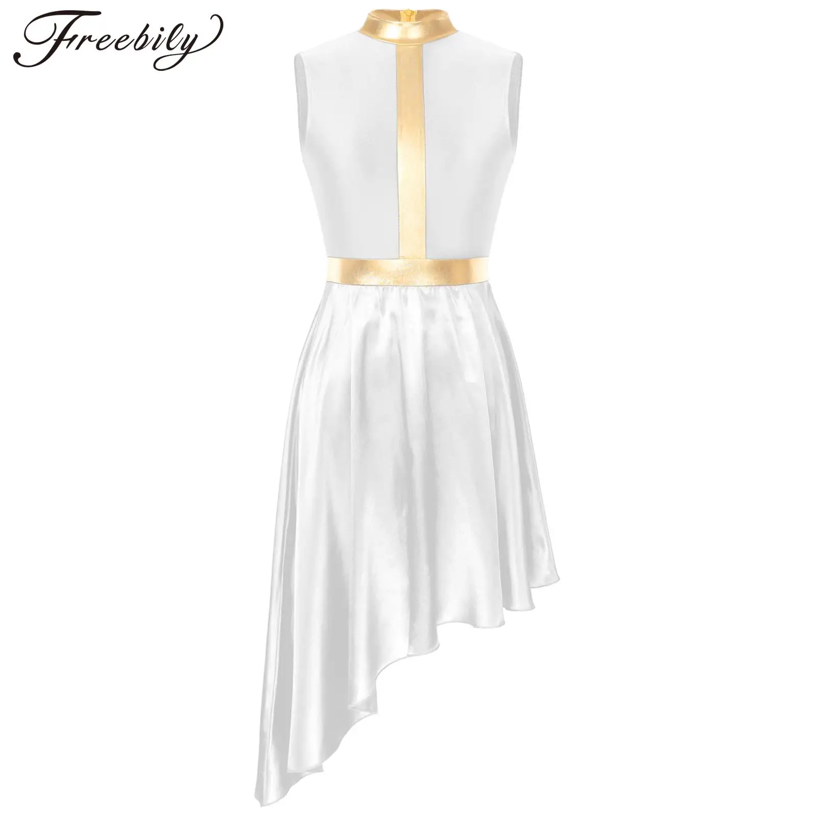 

Womens Color Block Patchwork Lyrical Dance Dress Asymmetrical Hem Sleeveless Church Praise Dance Dresses Ballerina Dancewear