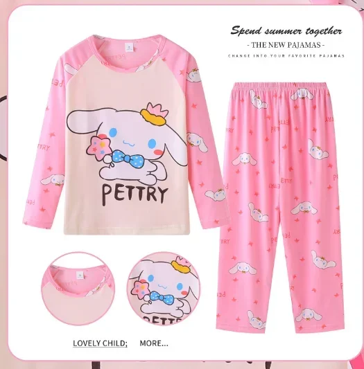 thumbnail image 1 of Sanrios Conjunto de pijama cómodo para niños y niñas Anime Hello Kittys Kuromi Cinnamoroll lindo cuello redondo pantalones de manga larga ropa de descanso, 1 of 5