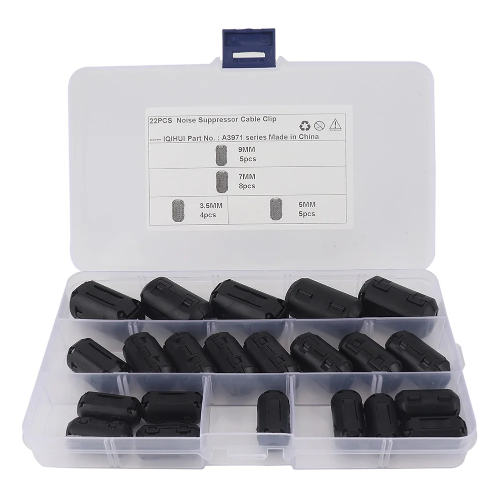 Clip On Ferrite 3.5mm/5mm/7mm/9mm Bead Noise Suppressor Anti-Jamming Toroidal Clip-on Clamp RFI EMI Noise Magnetic Filter 22Pcs cable noise suppressor