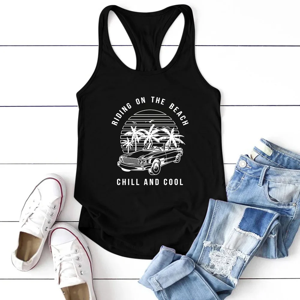 

Seeyoushy Riding on The Beach Chill and Cool Coconut Tree Car Print Printed Tank Top Summer Casual Vacation Vest Ropa Para Mujer