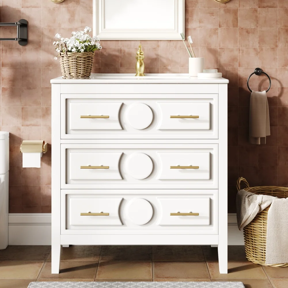 Freistehender weißer Badezimmerschrank mit Keramikwaschbecken & Metallgriffen, 3 Schubladen Retro-Waschtischunterschrank mit Soft-Close-Funktion – Detail 4