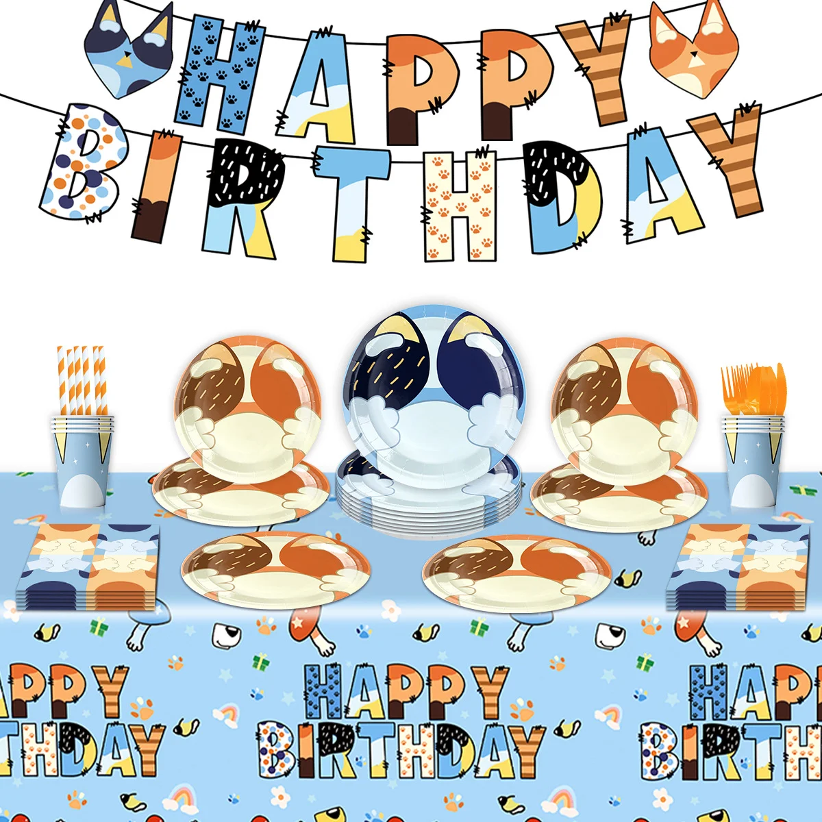Birthday Party Supplies Bluey Birthday Party Decoration Blue Balloons Tablecloth Backdrop Set