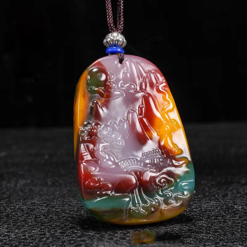

Xinjiang Gobi Golden Jade Colorful Jade Floating Landscape Pendant for Men and Women Lucky Mood Card Pendant Color Random Hair