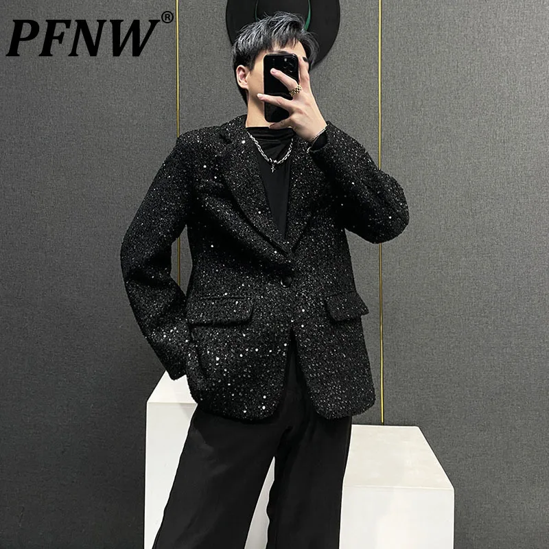 

PFNW Embroidery Niche Design Men's Sequin Decoration Suit Jacket Tweed Male Casual Blazer Korean Fashion 2023 Autumn New 28W1495