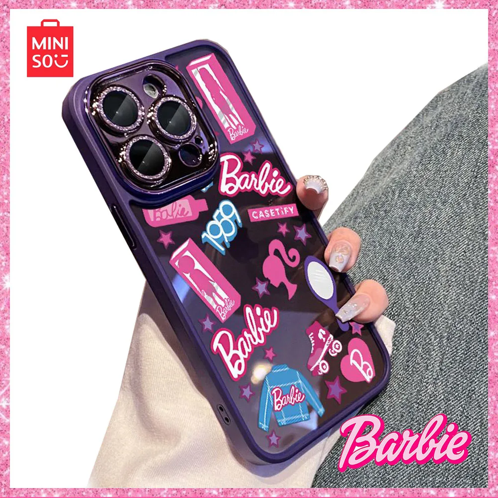 

2024 Miniso Barbie Y2K Kawaii Cartoon Sticker Phone Case Transparent All Inclusive Iphone 11-14 Girls Birthday Gift