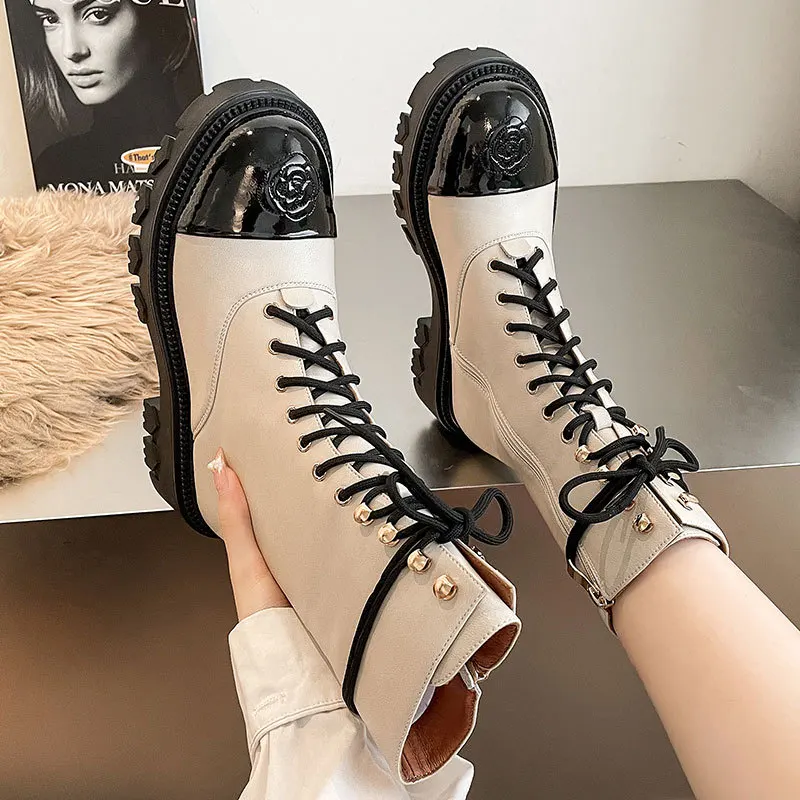 

Luxury Brand Genuine Leather Patchwork Lace-up Winter Booties Flat Heels Thick Sole Women Ankle Motorcycle Gothic Boots