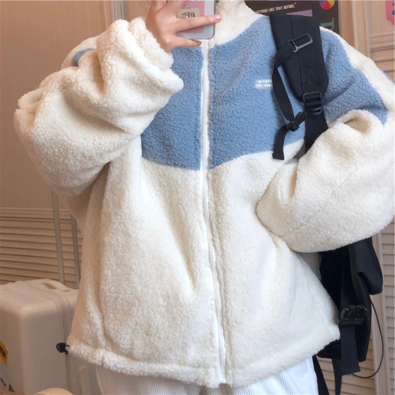 

Winter Women Hoodies Velvet Patchwork Zip-up Long Sleeve Lambswool Oversized Fleece Coats Casual Korean Warm White Sweatshirt