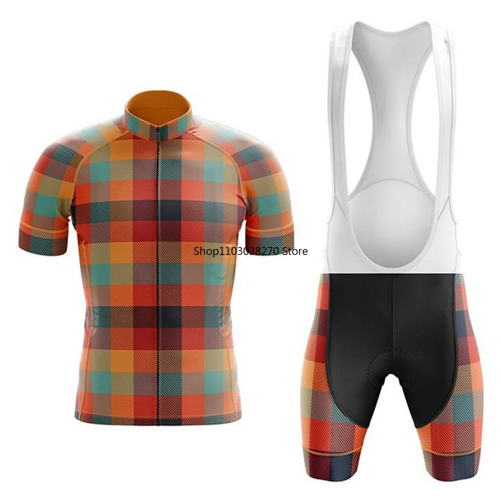 

Plaid Cycling Set Bib Shorts Bike Jersey Bicycle Shirt Road Short Sleeve Clothes Cycle Downhill MTB Mountain Suit