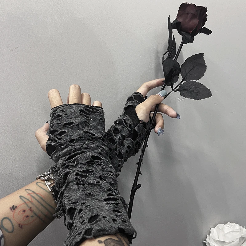 

Gothic Black Fingerless Gloves Punk Broken Slit Gloves Cuff Ninja Sport Hole Mitten Arm Warmer Cosplay Halloween Mitten Out Rock