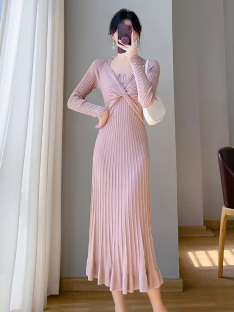 

Women's Knitted Dress Long 2024 Spring/Autumn Celebrity Slim Fit Ice Silk Long Sleeve Knitted Dress Retro fishtail dress