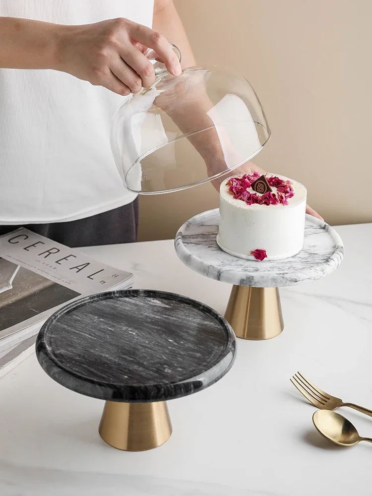 Marble Cake Pan Glass Cover Cake Stand Transparent Cover Golden High-foot Snack Counter Tray Kitchen Decoration Storage 2
