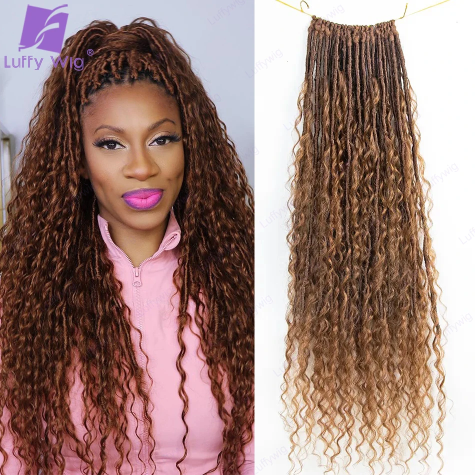 #30 Medium Auburn Boho Locs Human Hair Curls Pre Looped Crochet Boho Locs with Human Hair Curls Knotless Locs Braid Extensions