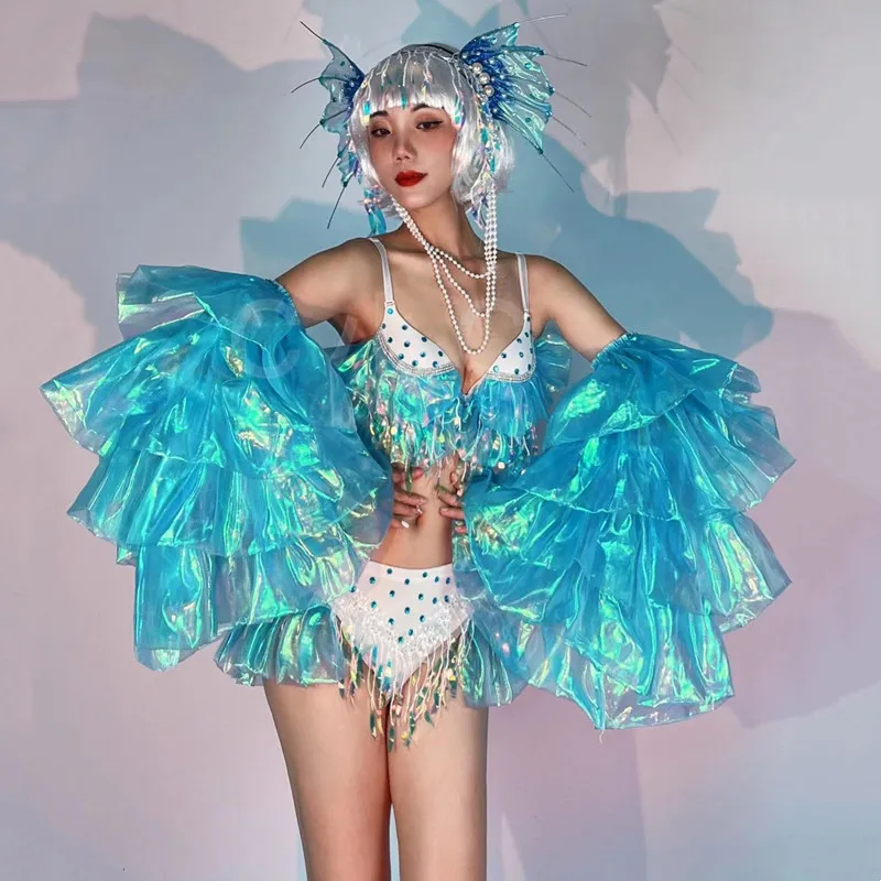 

Женская одежда для танцевальной команды Singer Gogo, одежда для выступлений, для бара, ночного клуба, бикини с блестками и кисточками, сексуальная сценическая одежда с большими рукавами