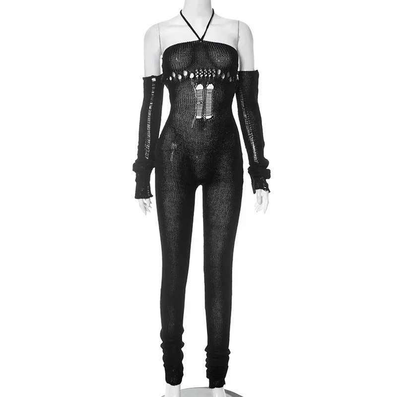 Knit Halter Hollow Out Jumpsuit Women One Piece Outfit 2023 Autumn Winter Street Stacked Pant Female Fashion Elegant Jumpsuit