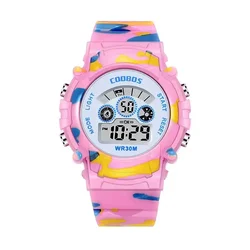 Digital Waterproof Camouflage Sports Watch for Children with Luminous LED Alarm (Pink)