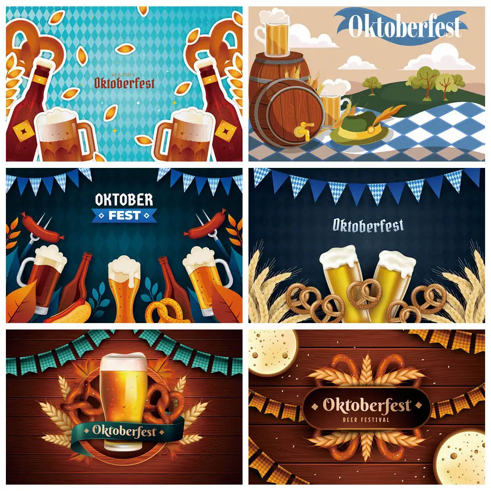 Moon.Qg Fondale Oktoberfest Beer Festival Party Banner Sfondo Green Hill Blue Check Cloth Barrel Poster Wall Photo Booth